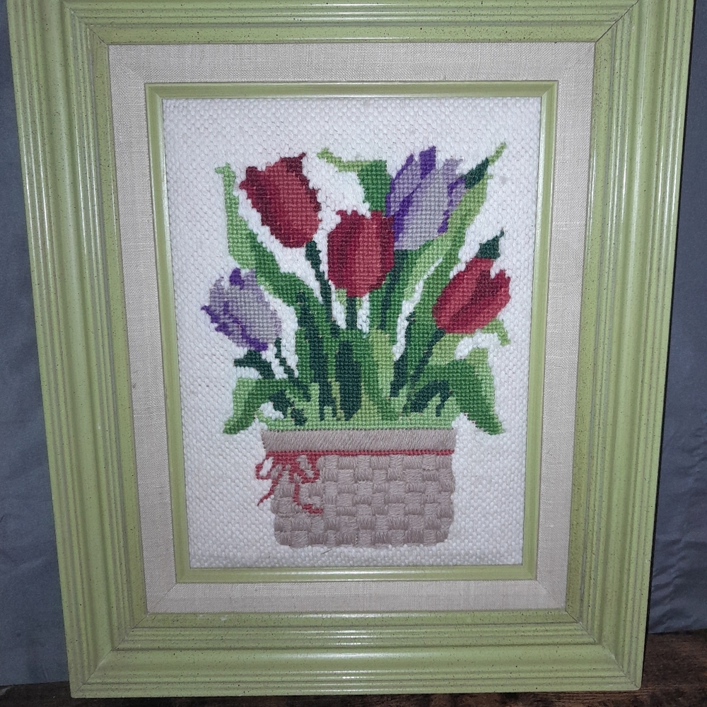 1975 Columbia Minerva Vintage Needlepoint Kit: Basket of Tulips Framed Art